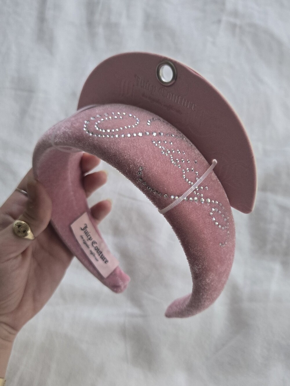 Juicy Couture Baby Pink Velour Velvet Puffy Padded Headband Rhinestone Logo